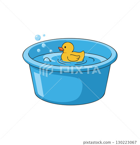 Yellow rubber duck floating in blue basin with water bubbles vector illustration 130223067