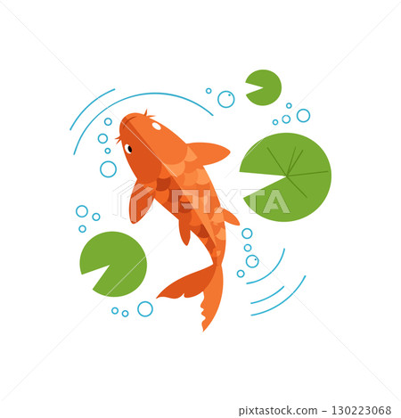 Orange Koi Fish Swimming with Green Lily Pads and Water Bubbles Vector Illustration 130223068