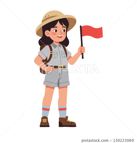 Girl explorer with red flag wearing safari outfit and hat holding flag vector illustration 130223069