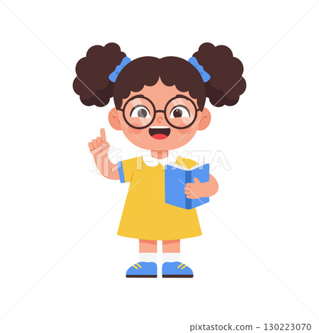 Little girl with glasses holding blue book pointing finger learning education vector illustration 130223070