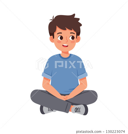 Boy Sitting Cross Legged Wearing Blue Shirt and Gray Pants Cartoon Character Vector Illustration 130223074
