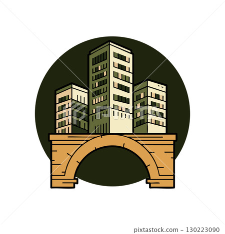 Urban buildings with stone arch bridge vector illustration in green and beige colors 130223090
