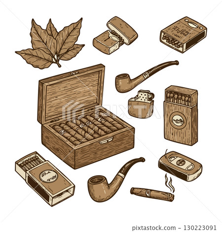 Vintage tobacco collection with wooden cigar box pipes and matches vector illustration 130223091