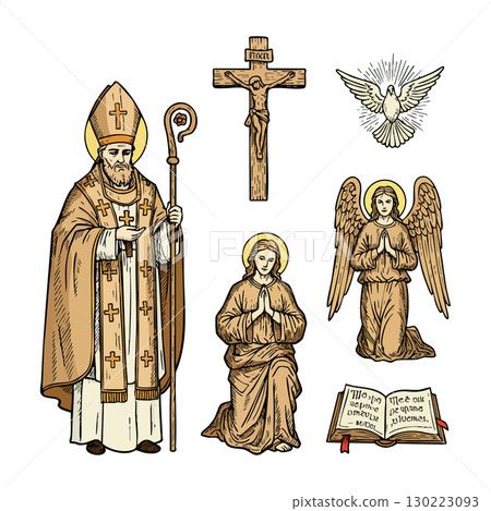 Saint Nicholas bishop with praying angel crucifix dove and holy bible vector illustration Saint Nicholas bishop with praying angel crucifix dove and holy bible vector illustration 130223093