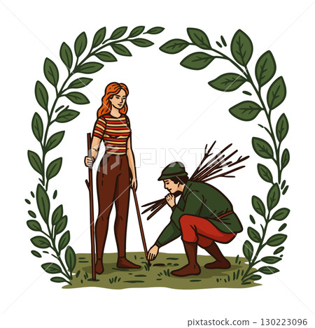 Man and woman gathering firewood surrounded by leafy green branches vector illustration Man and woman gathering firewood surrounded by leafy green branches vector illustration 130223096