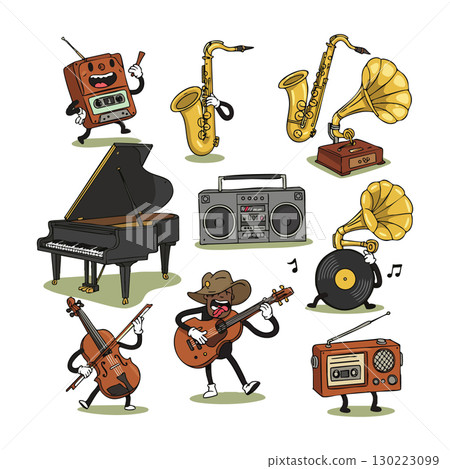 Cartoon musical instruments and vintage music players with guitar player vector illustration 130223099