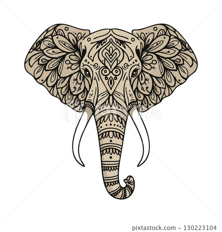 Elephant head with ornamental tribal patterns detailed vector illustration in brown and black colors Elephant head with ornamental tribal patterns detailed vector illustration in brown and black colors 130223104