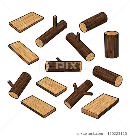 Wood Logs and Planks Vector Illustration with Natural Brown Texture for Crafting and Construction 130223110