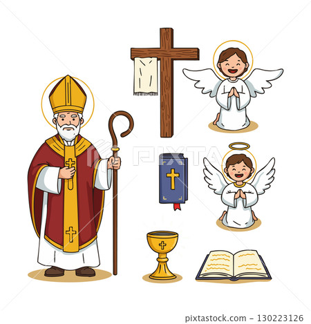 Saint Nicholas with Christian religious symbols and angels vector illustration Saint Nicholas with Christian religious symbols and angels vector illustration 130223126