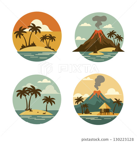 Tropical island and volcano nature scenes with palm trees and ocean in circular vintage style vector illustration Tropical island and volcano nature scenes with palm trees and ocean in circular vintage style vector illustration 130223128