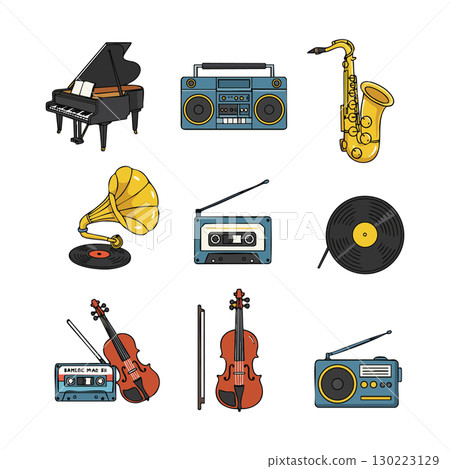 Vintage and modern musical instruments collection including piano, saxophone, violin, gramophone, cassette, and radio vector illustration Vintage and modern musical instruments collection including piano, saxophone, violin, gramophone, cassette, and radio vector illustration 130223129