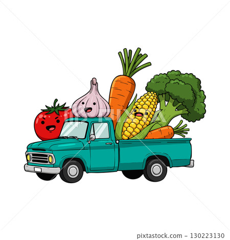 Cartoon pickup truck carrying fresh vegetables including tomato garlic carrot corn and broccoli vector illustration Cartoon pickup truck carrying fresh vegetables including tomato garlic carrot corn and broccoli vector illustration 130223130
