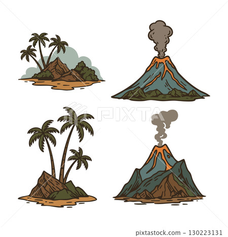 Volcanic eruption and tropical island landscape vector illustration with palm trees and smoke effects Volcanic eruption and tropical island landscape vector illustration with palm trees and smoke effects 130223131