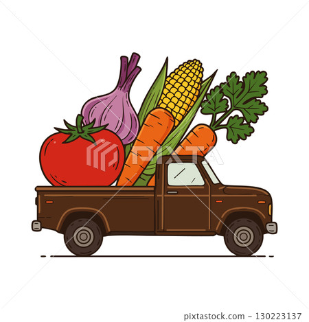Vintage brown pickup truck carrying fresh vegetables illustration with tomato corn carrot garlic parsley 130223137