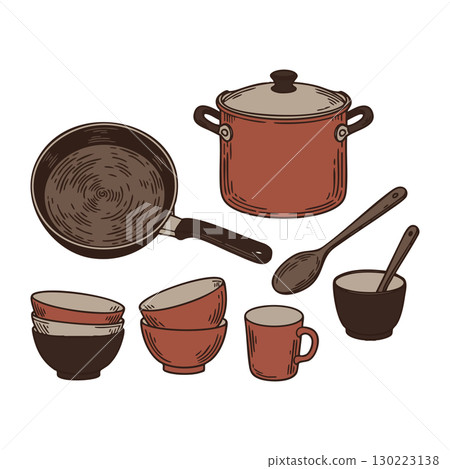 Kitchen cookware set with frying pan, pot, bowls, wooden spoons, and cup illustration vector 130223138