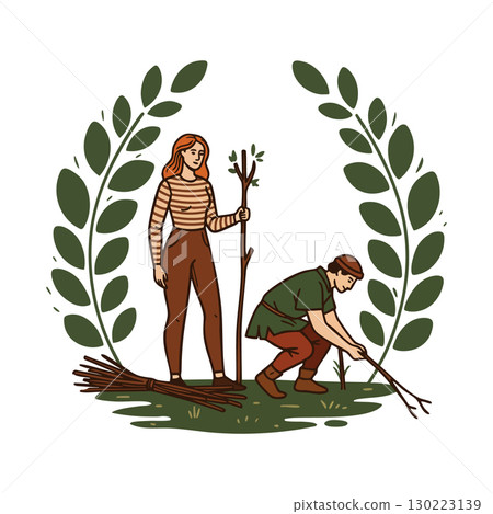 Man and Woman Collecting Firewood Outdoors with Green Laurel Wreath Frame Vector Illustration Man and Woman Collecting Firewood Outdoors with Green Laurel Wreath Frame Vector Illustration 130223139