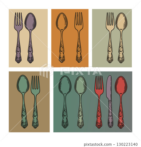 Vintage silverware spoon fork and knife set on colorful retro backgrounds vector illustration 130223140