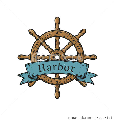 Wooden ship steering wheel with blue ribbon banner harbor nautical vector illustration 130223141