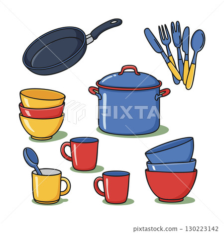 Kitchen cookware and utensils set with colorful bowls mugs and frying pan vector illustration 130223142