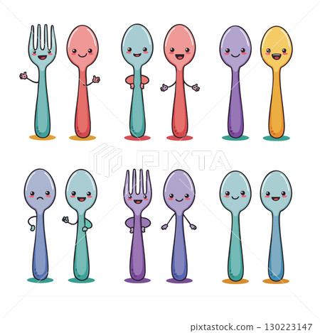 Cute smiling colorful spoons and forks cartoon vector illustration with happy faces Cute smiling colorful spoons and forks cartoon vector illustration with happy faces 130223147