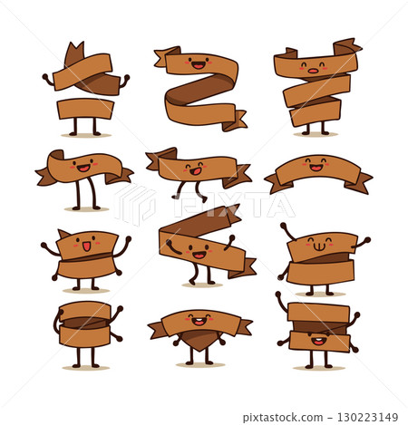 Cartoon brown ribbon banners with happy faces in various shapes and expressions vector set 130223149