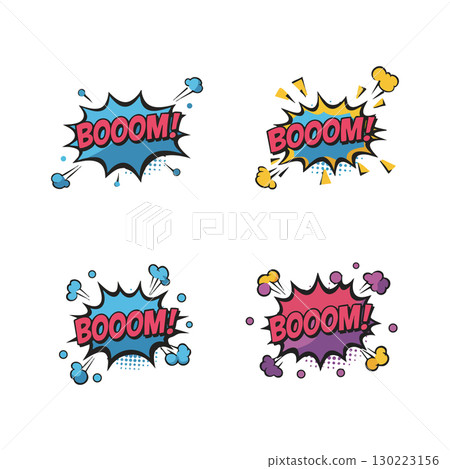 Comic Style Boom Explosion Speech Bubbles with Colorful Cartoon Effects Vector Set 130223156