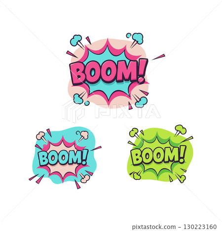 Comic Style Boom Explosion Speech Bubbles in Pink Blue and Green Vector Illustration 130223160
