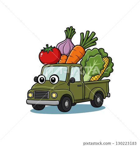 Cartoon green pickup truck carrying fresh vegetables illustration for healthy food delivery Cartoon green pickup truck carrying fresh vegetables illustration for healthy food delivery 130223183