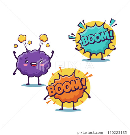 Cartoon purple germ character with two comic boom explosions in vibrant style vector illustration 130223185