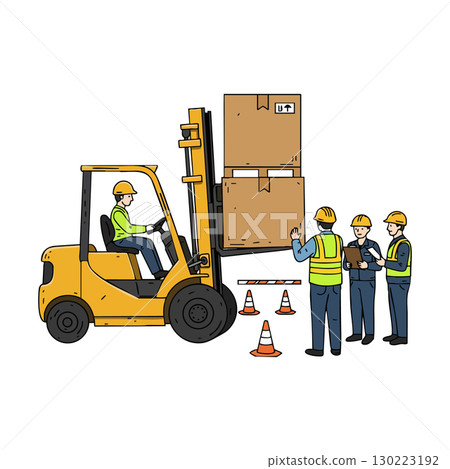 Forklift operator lifting large boxes with workers supervising warehouse safety procedures vector 130223192