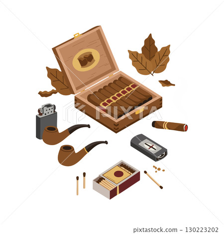 Cigar box with tobacco pipes lighter matches and autumn leaves vector illustration 130223202