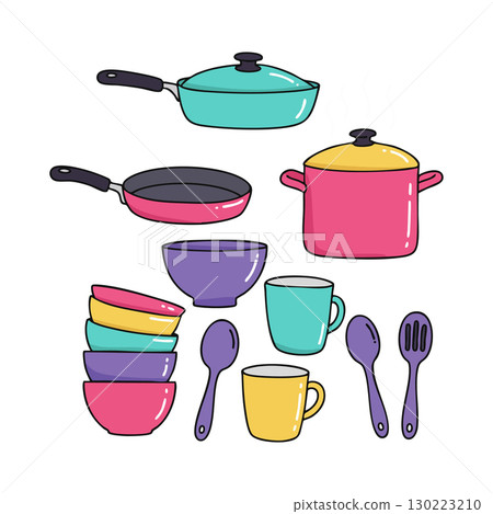 Colorful kitchen cookware set with pans pots bowls spoons and mugs vector illustration 130223210