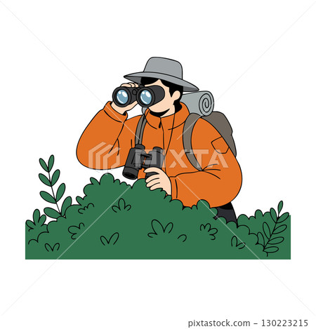 Birdwatcher in orange jacket observing wildlife with binoculars behind bushes vector illustration 130223215