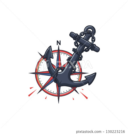 Nautical anchor with compass rose vector illustration in navy blue and red colors 130223216