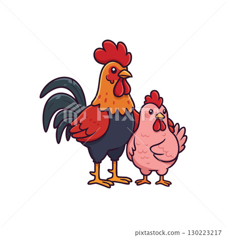 Rooster and Hen Cartoon Farm Animals Vector Illustration in Colorful Style Rooster and Hen Cartoon Farm Animals Vector Illustration in Colorful Style 130223217