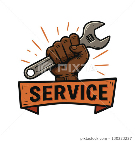 Strong dark-skinned hand holding wrench with service banner vector illustration Strong dark-skinned hand holding wrench with service banner vector illustration 130223227