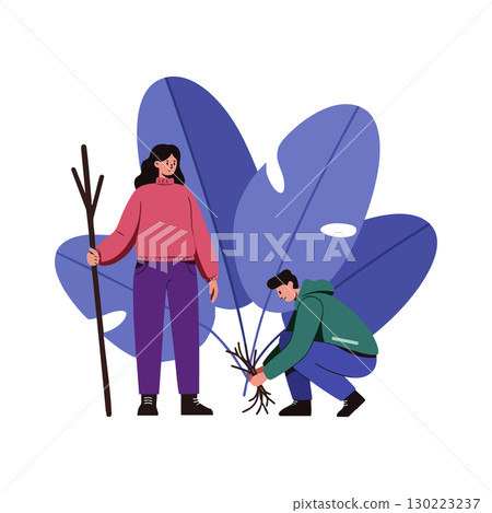 Two people collecting sticks in nature with purple leaves background vector illustration 130223237
