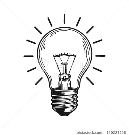Light bulb sketch drawing with rays symbolizing bright idea inspiration creativity 130223238