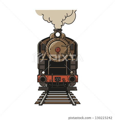 Vintage steam locomotive train front view with smoke and railway tracks vector illustration 130223242