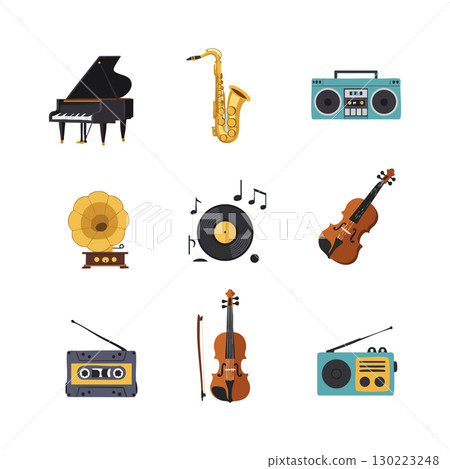 Music instruments and audio devices vector collection with piano saxophone violin and gramophone 130223248