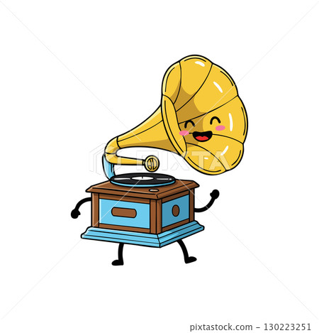Animated vintage gramophone with yellow horn and blue wooden base vector illustration 130223251