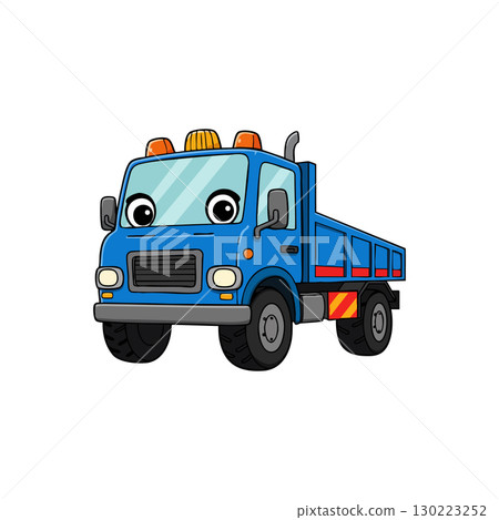 Blue cartoon dump truck vector illustration with orange lights and smiling face 130223252