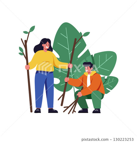 Woman and Boy Holding Tree Branches with Large Leaves Nature Conservation Illustration 130223253