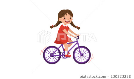 Girl Riding Purple Bicycle in Red Dress Happy Outdoor Activity Vector Illustration 130223258