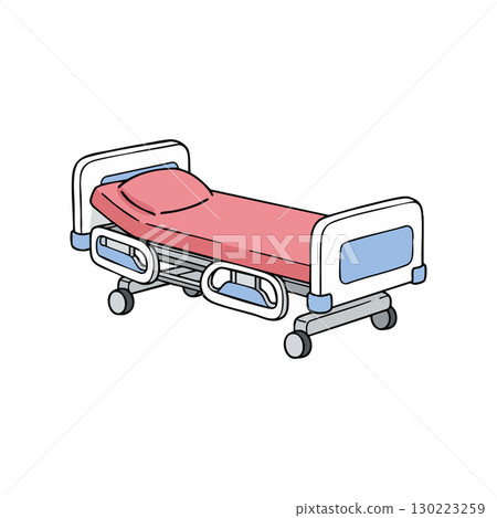 Hospital bed with red blanket and blue details medical furniture vector illustration Hospital bed with red blanket and blue details medical furniture vector illustration 130223259
