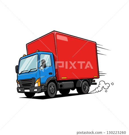 Blue and Red Delivery Truck Moving Fast Vector Illustration for Transportation and Shipping 130223260