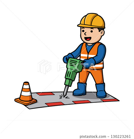 Construction worker using jackhammer on street with safety cone vector illustration Construction worker using jackhammer on street with safety cone vector illustration 130223261
