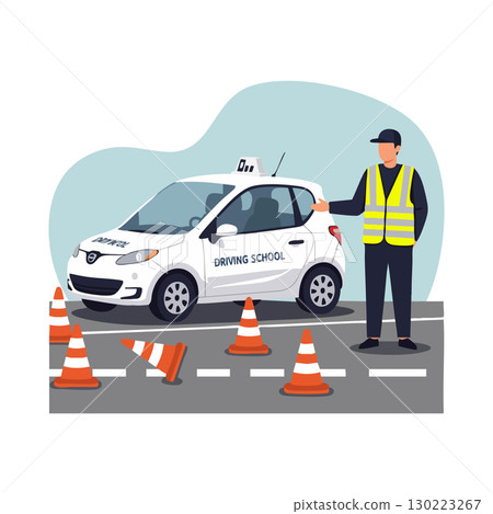 Driving school instructor guiding car through traffic cones in training area vector illustration 130223267