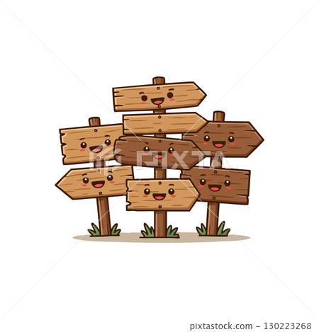 Wood Directional Signpost with Happy Faces Vector Illustration for Playful Signage Design 130223268