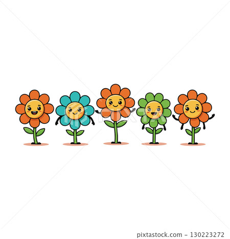 Smiling colorful cartoon flowers with orange green and blue petals vector illustration Smiling colorful cartoon flowers with orange green and blue petals vector illustration 130223272